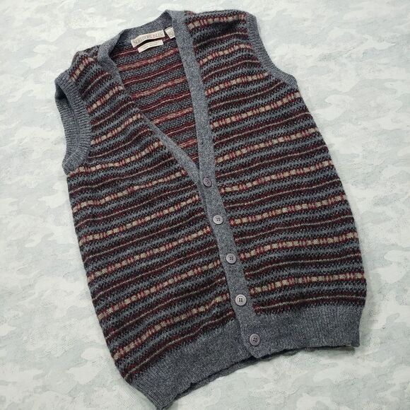 Northern Isles Vest Mens Large Gray Red Striped Button Up 100% Wool Grandpa Core - Picture 2 of 12